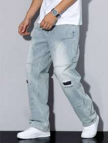 pantalones hombre ropa vaquera hombre jeans hombre Pantalones vaqueros de trabajo sencillos con bolsillos para hombre, azul claro, retro, lavado azul.baggy jean hombre - Azul claro - Ver 2