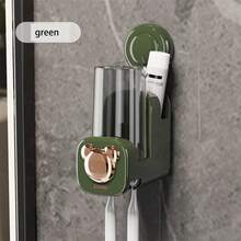 Wall Mounted Toothbrush Holder With Cup, Suction Cup, Plastic Toothpaste Organizer, Suitable For Bathrooms Back To School Bathroom Accessories - Green - View 1