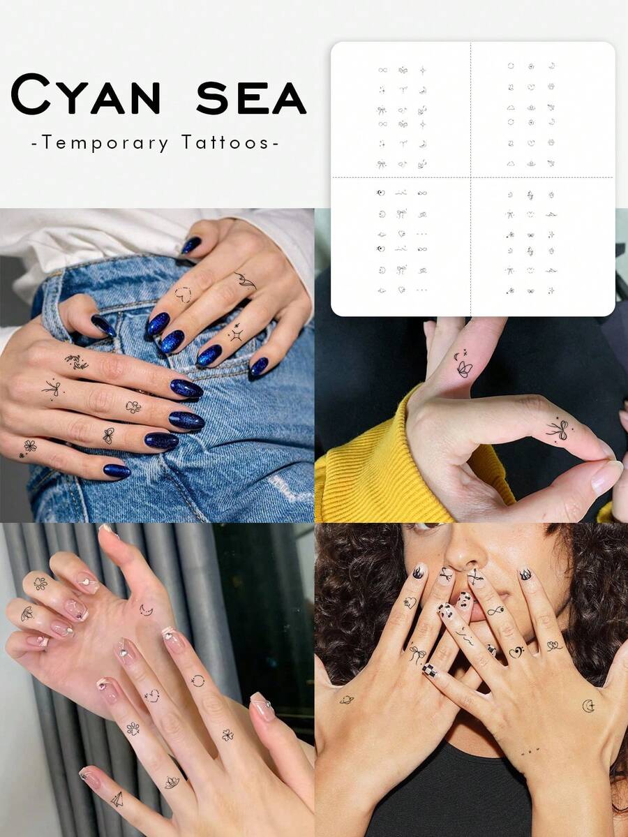 4 Folhas de Tatuagens Temporárias Multipadrão Fofas - Estrelas, Corações, Borboletas, Ondas, Planetas, Aviões. Tatuagens Pequenas e Adoráveis, Resistente à Água, à Prova de Suor, Estilo Minimalista Y2K, Adequado para Mulheres, Cintura, Clavículas, Pescoço