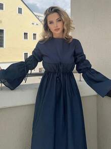Jeta Ari Autumn New Arrival Pleated Tie Cuff Extra Long Lantern Sleeve Flowy Hem Casual Loose Cotton Dress, Neutral Color, Comfortable And Suitable For Autumn/Winter - Navy Blue - View 6