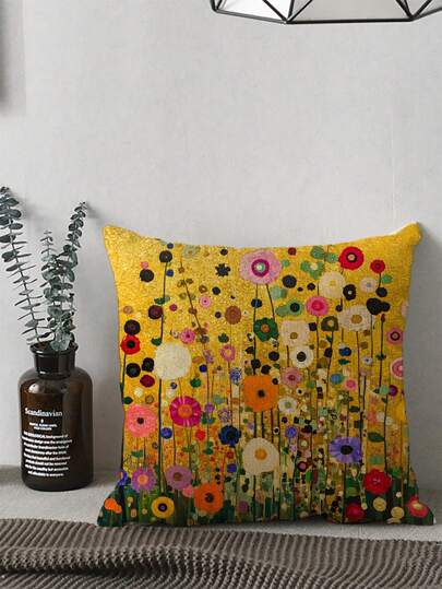 1 pieza Funda de cojín decorativo de peluche corto, con motivo del Jardín de Gustav Klimt en dorado, tamaño: 18" X 18", apto para la decoración del hogar en la sala de estar, dormitorio u oficina. (Inserto de cojín no incluido)