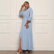 FASHION MIX PREMIUM Elegant Long Dress With Slit Long Sleeves With V-Neckline And Waist Adjustment Plus Size Women's Fits 46 To 50 - Màu xanh nhạt - Xem 3