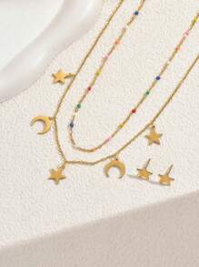 Set de 3 piezas de joyería con collar y aretes con forma de estrella y luna esmaltada, de acero inoxidable, estilo bohemio, adecuado para vacaciones, fiesta y eventos