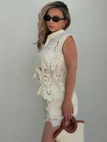 Jeta Ari Summer Oldmoney Vacation Elegant Low-End Luxury Exquisite Heavy Embroidered Lace Set - Apricot - View 4