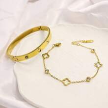 Pulseira de diamante com flor de quatro folhas vazada, 2 peças/conjunto, aço inoxidável banhado a ouro 18k, sem desbotamento, adequada para uso diário feminino ou presente para amigos