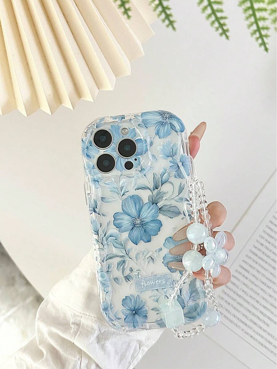 Cream Patterned Wavy Edged Glossy Floral Painted Anti-Drop Phone Case With Handmade Beaded Flower Bracelet Accessories, Compatible With IPhone 16/11/16pro/16plus/16promax/16e/15Promax/13/14/12/XS/XR/7G/8P, Galaxy 11/12Pro/12/12X/13Pro/14Pro/15Pro/, Redmi 10/9/Note9/12c/Note11pro/Note8Pro Waterproof Shockproof Scratch Resistant