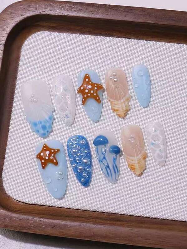 10pcs Reusable 3D Jellyfish Fake Nails, French Manicure Short/Medium Length, Handmade, Include 1pc Jelly Gel & 1pc Nail File, Suitable For Women & Girls, Daily, Office, Party Use
