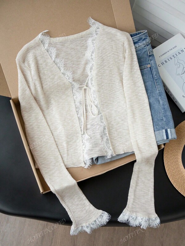 Apricot Lace Patchwork Short Tie Knit Cover Up, V-Neck Sunscreen Cover Up Jacket For Women, Summer