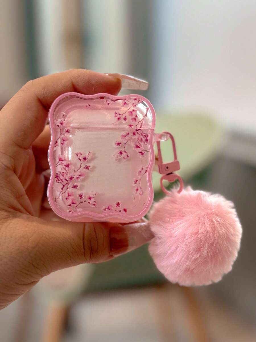 时尚清新樱花耳机盒，配毛绒绒球吊饰