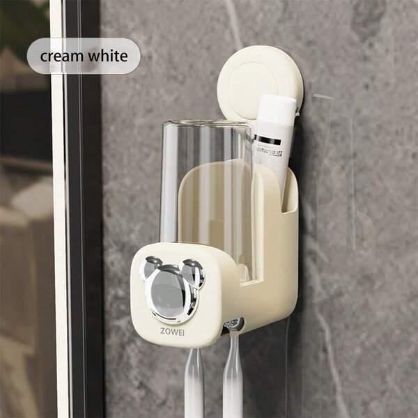 Wall Mounted Toothbrush Holder With Cup, Suction Cup, Plastic Toothpaste Organizer, Suitable For Bathrooms Back To School Bathroom Accessories