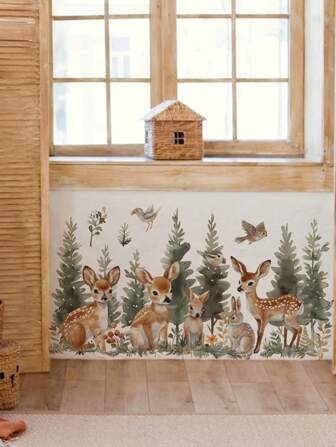 1 pezzo/2 pezzi Adesivi murali rimovibili in PVC di grandi dimensioni, tema foresta con cervo, coniglio, uccelli, farfalle e rami, adatti per asilo nido, camera dei bambini, area giochi, aula, decorazione domestica, decorazione murale carina e creativa