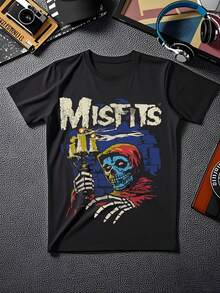 (220G Pure Cotton T-Shirt) 1Pcs Men's Round Neck Short Sleeved Casual Pure Cotton Digital Print Tee With Misfits Graphic - 黑色 - 查看 3