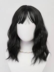 XYUNMI Retro Natural Black Short Curly Bob Wig 16 Inch With Bangs Water Wave Wig Easy To Care Breathable Fluffy Natural Women's Heat Resistant Synthetic Fiber Wig Suitable For Daily Wear Holiday Party Wig Cosplay Halloween Fashion Wig