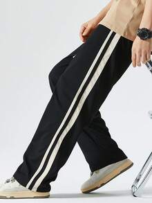 男士宽松华夫格阔腿裤时尚运动休闲夜走健身锻炼垂坠运动长裤 - 黑與白 - 查看 5