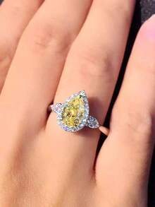 1pc Fashionable Cubic Zirconia Ring, Women's Wedding Engagement Party Jewelry, Valentine's Day Gift - Yellow - View 6