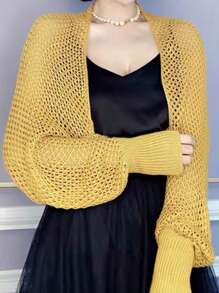 1pc Women Honeycomb Sleeve Shawl, Knitted Hollow Out Collar Cardigan, Fashion Shawl For Gather And Daily Wear, Spring/Summer