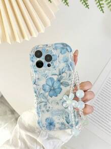 Cream Patterned Wavy Edged Glossy Floral Painted Anti-Drop Phone Case With Handmade Beaded Flower Bracelet Accessories, Compatible With IPhone 16/11/16pro/16plus/16promax/16e/15Promax/13/14/12/XS/XR/7G/8P, Galaxy 11/12Pro/12/12X/13Pro/14Pro/15Pro/, Redmi 10/9/Note9/12c/Note11pro/Note8Pro Waterproof Shockproof Scratch Resistant