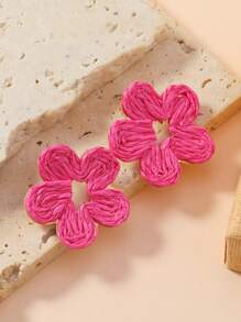 1 Pair Handmade Raffia Straw 6-Petal Flower Stud Earrings In Contrasting Colors Like Beige, Blue, Green, Pink - Bohemian Style, Suitable For Daily Wear
