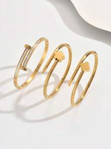 3pcs Stainless Steel Golden Bracelet Set 18K Vacuum Electroplating, Not Easy To Fade, Inlaid With Zirconia, Suitable For Daily Wear, Fashionable And Elegant Ladies' Bracelet Set Jewelry Gold Jewelry Jewelry Women Bracelets Accessories Women Stainless Steel Jewelry Bracelets For Women Western Jewelry