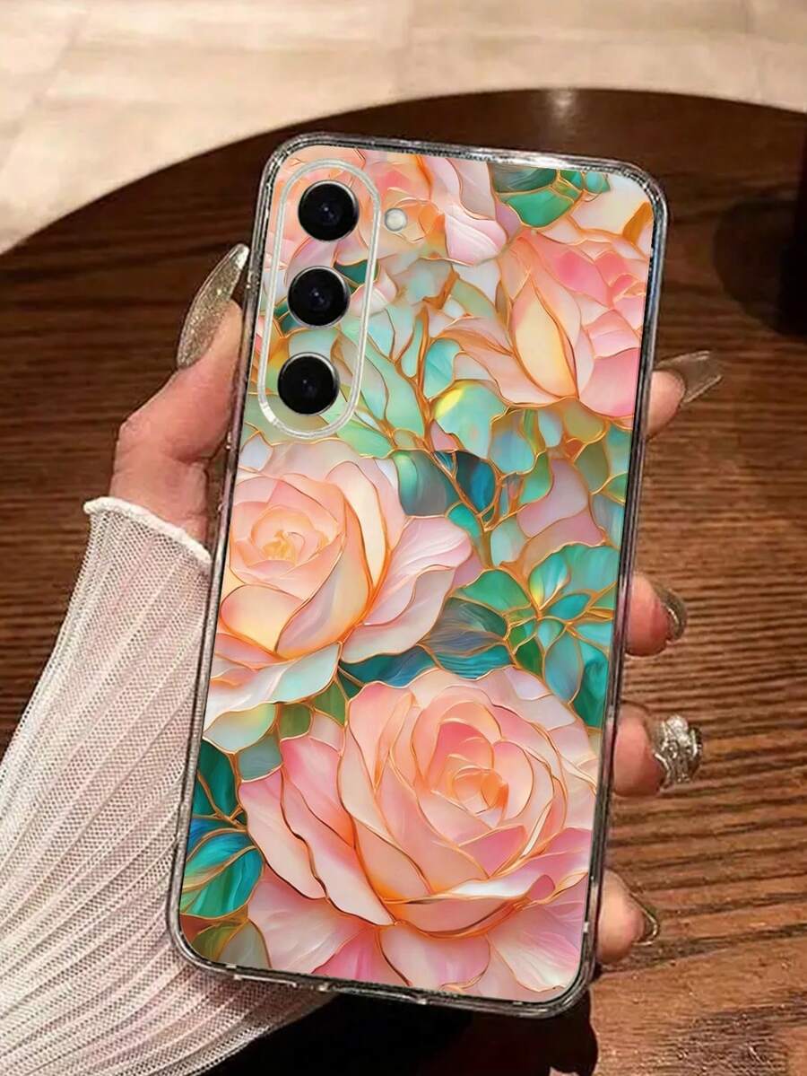 花朵 1 件穿孔透明绿色玻璃花卉彩绘加厚防震手机壳保护套适用于 16/11/16pro/16plus/16promax/16e/15Promax/13/14/12/XS/XR/7G/8P、Galaxy 11/12Pro/12/12X/13Pro/14Pro/15Pro/、Redmi 10/9/Note9/12c/Note11pro/Note8Pro