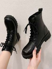 女士时尚靴子 黑色靴子 2024秋冬新款 百搭搭扣短靴 复古英伦风真皮中筒靴 派对靴 - 黑色 - 查看 5