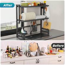 OYAJIA Dish Drying Rack - Over The Sink Dish Drainer Drying Rack With Utensil & Knife Holder, Hooks, Stainless Steel Kitchen Organizers And Storage Solution,83*27*73cm - 黑色 - 查看 4