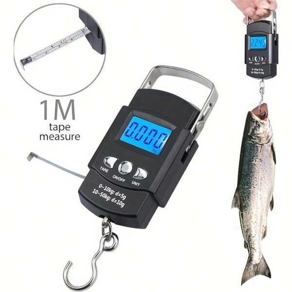 1pc Mini Digital Hand Scale With Tape Measure, Portable Battery Powered Fishing Bag Scale, High Precision 50kg/110.23lb, Lightweight, Black, Suitable For Travel, Fishing, Home Use, Durable Plastic, Easy To Clean