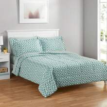 7-Piece Reversible Bed In A Bag Comforter Set With Sheets, Blue Floral, Queen - Green Geo - View 1