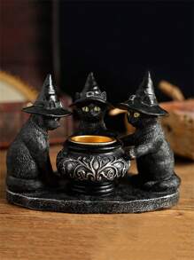 1pc Three Black Mysterious Wizard Cat Candlesticks, Dark Retro Style Decorative Candlestick Ornaments, Halloween Candlesticks, Home Kitchen Table Decorations, Festive Atmosphere Decorative Candlesticks, Halloween Decorations, Suitable For Kitchen, Dining Room, Bedroom, Living Room, Haunted House