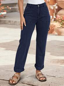 Women's New Mid-Waist Solid Color Elastic Straight-Leg Jeans, Autumn Casual Spring - Navy Blue - View 2
