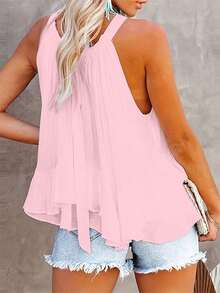 Women Casual Solid Color Ruffle Halter Neck Sleeveless Top, Summer - Baby Pink - View 2