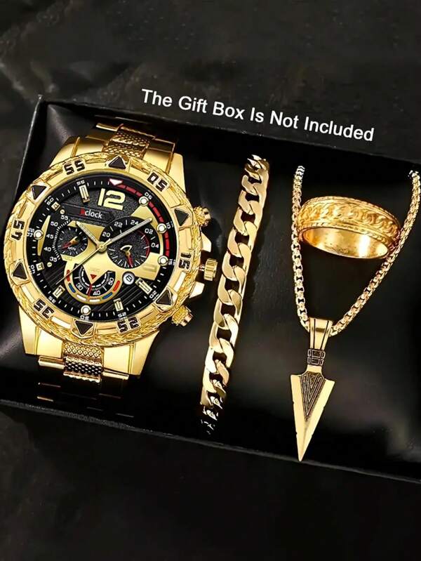 4pcs/Set Men's Business Watch Set, Stainless Steel Quartz Watch With Round Dial & Indicator, Comes With Fashion Pendant Necklace, Bracelet And Ring, Ideal Gift For Men