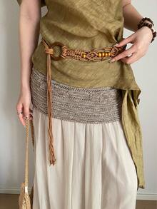 1pc Brown Ladies Polyester Bohemian Style Round Buckle Pearl Vintage Waist Rope Summer, School Fall, Autumn, Halloween - Brown - View 3