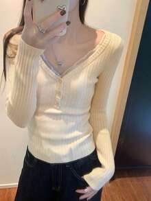 Korean Style V-Neck Button Design Slim Fit Layered Long Sleeve Knitted Sweater Tops, Autumn/Winter - Apricot - View 1