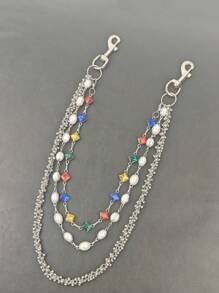 Corrente de Calça com Três Camadas de Pérolas e Strass Colorido, Ícone da Moda Acessório de Cintura Luxuoso, Minimalismo, Joias Hip Hop, Produto com Corrente Multicolorida Enviada Aleatoriamente