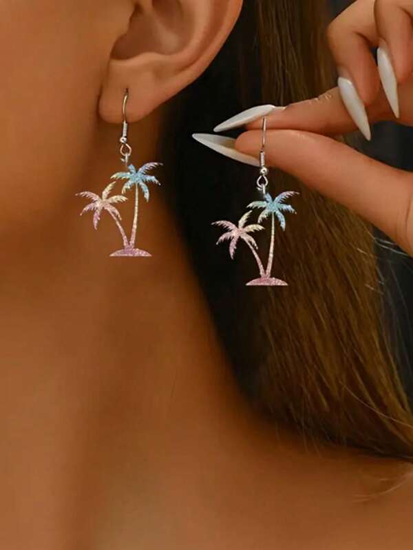 1 Pair Of 2D Flat Acrylic Earrings Stylish Coconut Tree Pendant Earrings Perfect For Everyday Wear And Holiday Jewelry Holiday Gifts For Birthdays