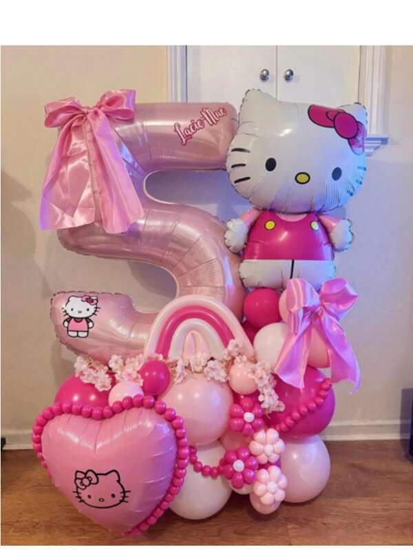 Sanrio 39 Stücke süße Hello Kitty Katzen Ballons mit Stangen, 32 Zoll Folien Nummer Ballons in Perlrosa, geeignet für Geburtstags Party Dekoration