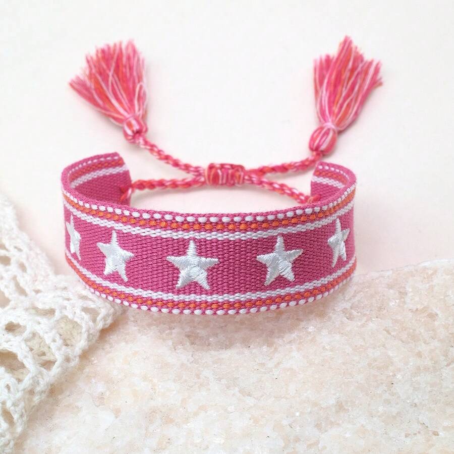 1 Buah Gelang Kepang Bordir Dekorasi Bintang Buatan Tangan, Cocok untuk Pesta, Pantai, Perjalanan, Hadiah Luar Biasa untuk Teman, Keluarga, Teman Sekelas - Hot Pink - View 1
