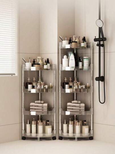 1pc Multifunctional Bathroom Organizer Rack, Transparent Corner Shelf Floor-Standing Toilet Vanity Shower Caddy, 3-Tier Kitchen Storage Rack