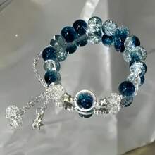 2 pièces - Bracelet pendant élégant en perles de verre en forme d'étoile - Bijou noble imitation œil de chat pour femmes, thème de fête transparent bleu, cadeau de la Saint-Valentin et de Noël, 15+, design exquis, artisanat exquis, accessoires de mode, bijoux pour adolescentes