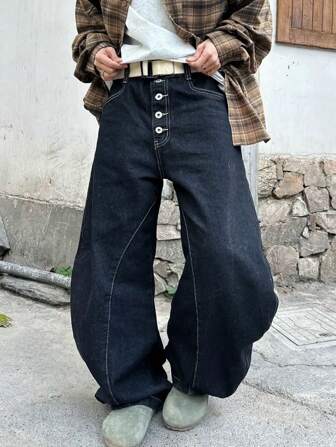 1 件男士休闲拼布纽扣门襟阔腿牛仔裤，宽松时尚直筒裤（不含腰带和配饰）