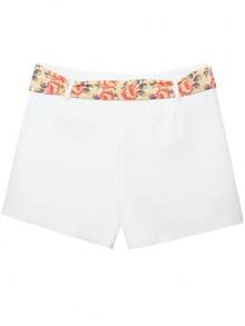 Pantalones cortos de mujer con cinturón estampado, casuales, de talle alto. Pantalones cortos bombachos mini con cremallera lateral, ropa urbana de verano - Blanco - Ver 2