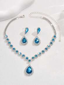 1 pieza Deslumbrante collar de novia con cristales verdes + 1 pieza de aretes de novia de lujo en forma de lágrima con cristales, set de 3 piezas de joyería de novia de moda adecuado para boda, gala, accesorio para vestido formal, festival