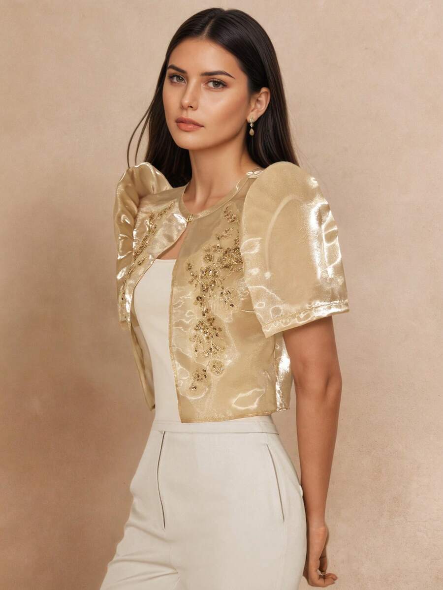 菲律賓風格蝴蝶袖女款優雅花瓣袖亮片圖案短袖上衣 - 金色 - 查看 1