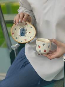 手绘“平安喜乐”陶瓷杯碟套装，釉下彩工艺，咖啡杯碟，早餐杯碟，早餐杯，办公室马克杯，适合日常使用，家庭聚会，派对，圣诞节礼物，节日礼物