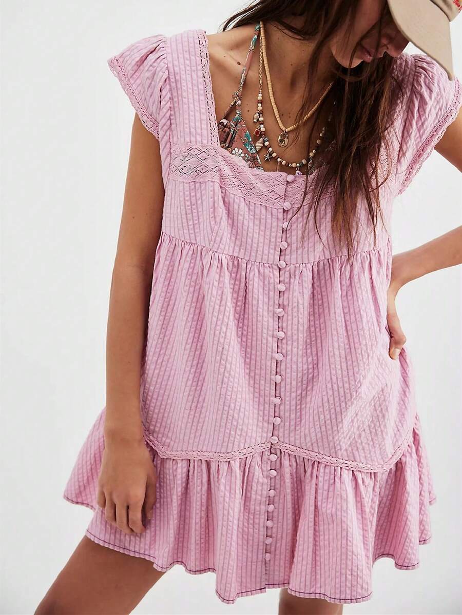 Women Puff Sleeve Short Babydoll Dress Square Neck Flowy Mini Dress Floral Ruffle A Line Summer Sundress - Pink - View 1