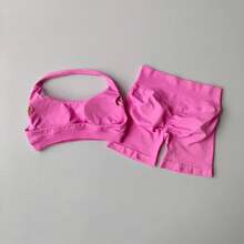 Halter Neck Beautiful Back High Waist Peach Sports Bras Shorts Suit Pilates Yoga Vest Training Fitness Bra Sets - XunPurple - 查看 5
