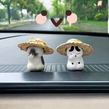 Adorable Straw Hat Cat Car Dashboard Decor - Resin Cartoon Figurine With Playful Pose, Ideal For Vehicle Interior Decoration, Car Decor
