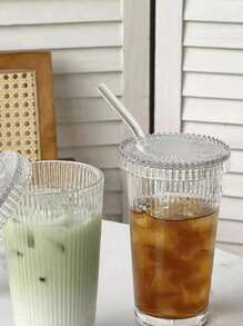 1 380ML Striped Coffee Cup, Heat-Resistant Lid Straw Glass Cup, Iced Coffee Cup, Drinking Cup, Summer And Winter Drinking Ware, Restaurant Glass Cup, Milk Cup, Iced Coffee And Juice Cup, Home, School, Office, Portable Water Bottle And Cup For Car Travel