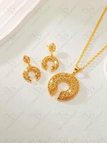 简约迪拜风格优雅珠宝时尚 C 形 24K 镀金吊坠项链，奢华耳环套装，适合女性、婚礼、派对、生日、中东婚礼礼物 - 金色 - 查看 10